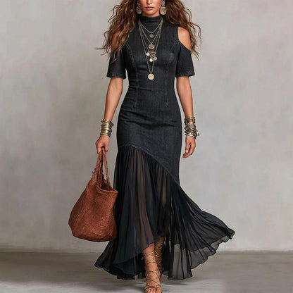 Womens Denim Dress Cold Shoulder Sheer Ruffle Long Jean Denim Summer Flowy Summer Sundresses for Daily Wear like-minded