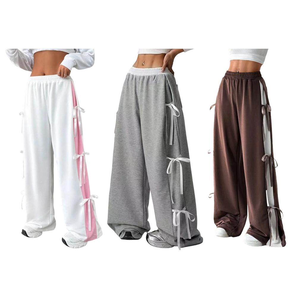 Women's Baggy Sweatpants Bow Tie Elastic Waist Casual Wide Leg Sports Pants with Pocket for Daily Running accepted