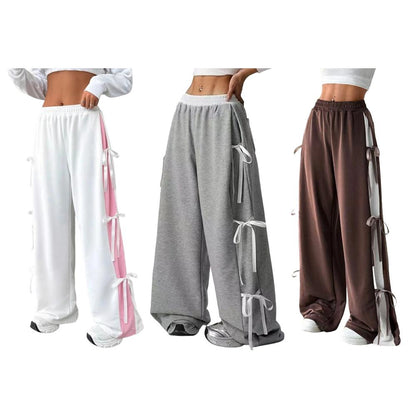 Women's Baggy Sweatpants Bow Tie Elastic Waist Casual Wide Leg Sports Pants with Pocket for Daily Running accepted