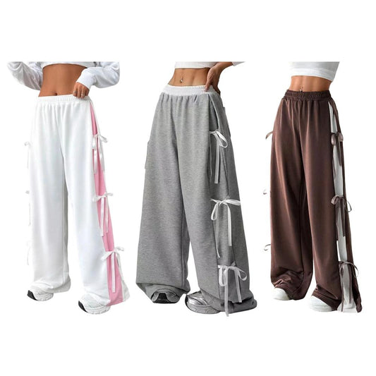 Women's Baggy Sweatpants Bow Tie Elastic Waist Casual Wide Leg Sports Pants with Pocket for Daily Running accepted
