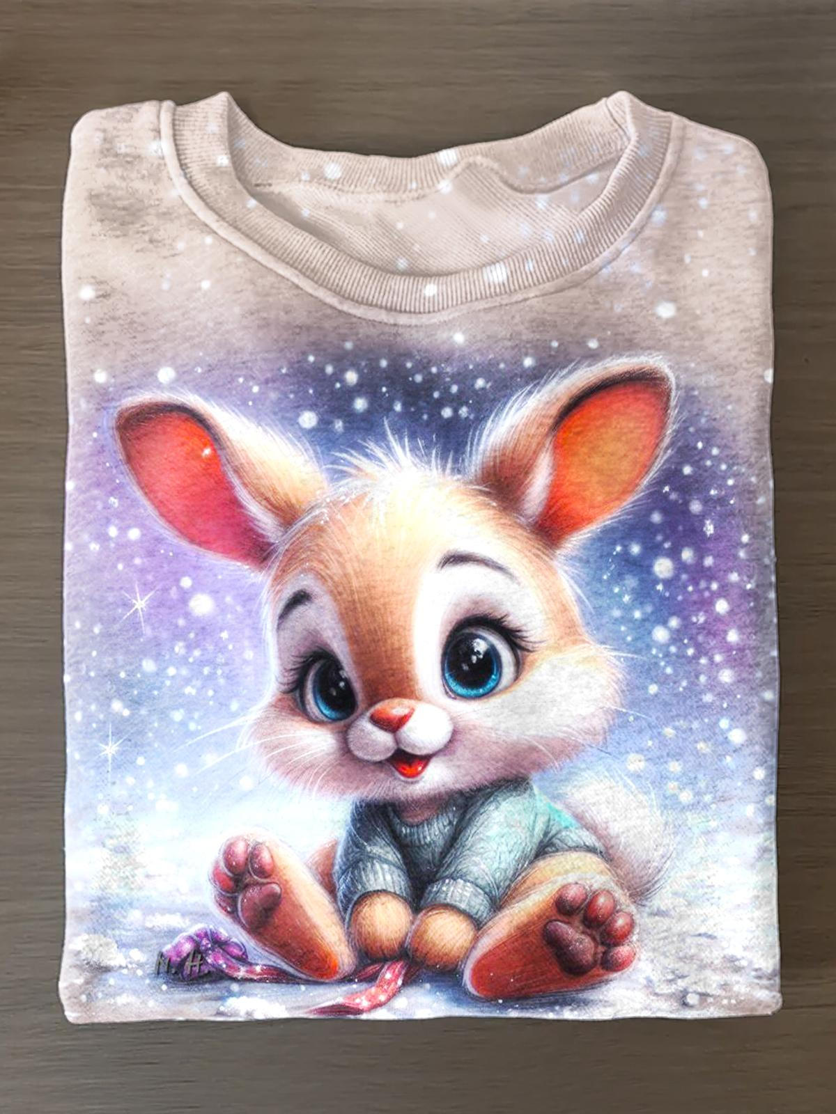 Winter Bunny Printed Long Sleeve Casual Top