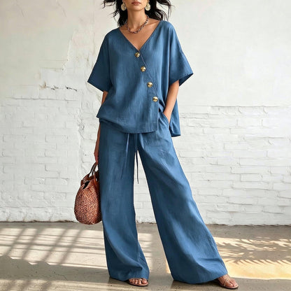 ⏰🔥LIMITED TIME 50% OFF! 💖 Women's Cozy & Elegant Metal Buttons Cotton-Linen Two-Piece Set