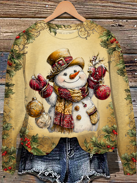 Vintage Christmas Snowman Decoration Printed Long Sleeve Casual Top