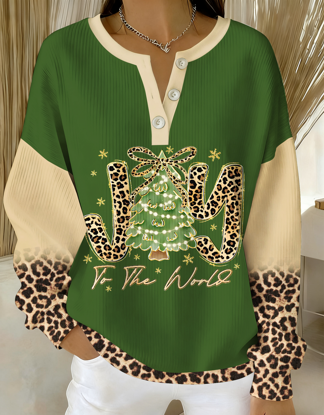 Joy To The World Leopard Christmas Tree Knitted Button Long-Sleeved Top