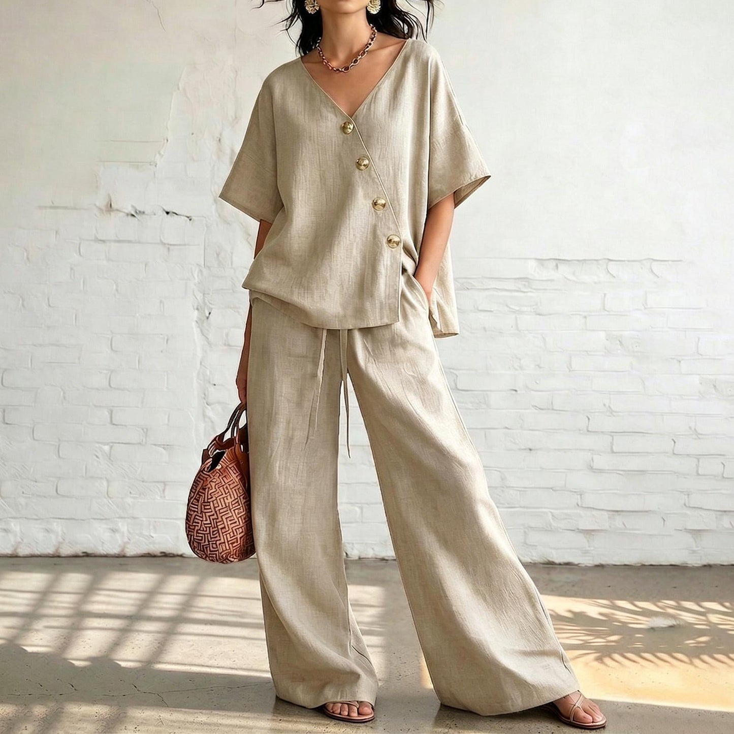 ⏰🔥LIMITED TIME 50% OFF! 💖 Women's Cozy & Elegant Metal Buttons Cotton-Linen Two-Piece Set