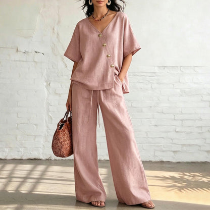 ⏰🔥LIMITED TIME 50% OFF! 💖 Women's Cozy & Elegant Metal Buttons Cotton-Linen Two-Piece Set