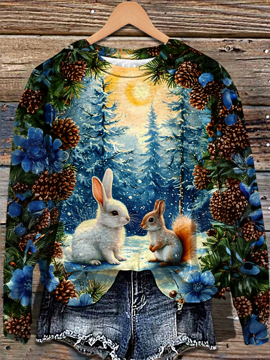 Winter Snow Forest Rabbit Printed Long Sleeve Casual Top