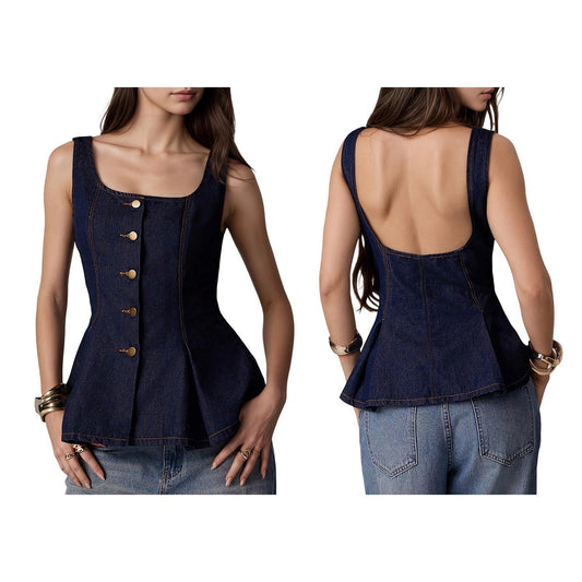 Women Denim Vest Open Back Button Front Denim Tank Top Sleeveless Ruffle Jean Vest for Travel Everyday Wear successful