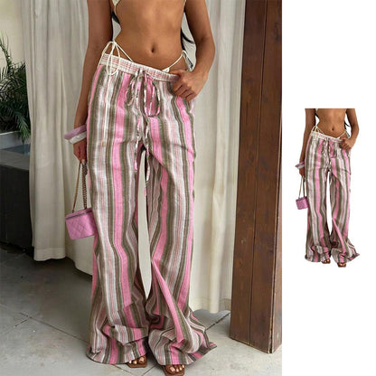 Striped Pants Women Elastic Waist Casual Loose Fit Fashion Summer Wide Leg Trousers for Party Daily Wear diplomatic