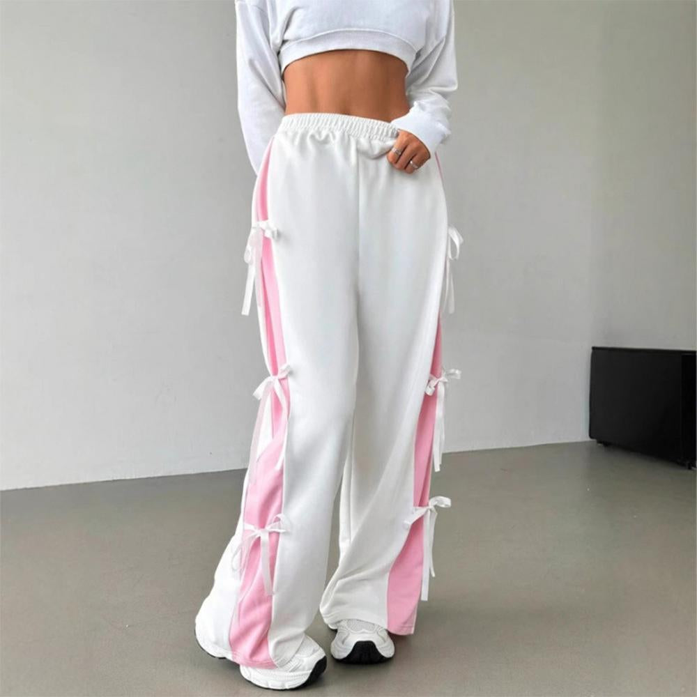 Women's Baggy Sweatpants Bow Tie Elastic Waist Casual Wide Leg Sports Pants with Pocket for Daily Running accepted