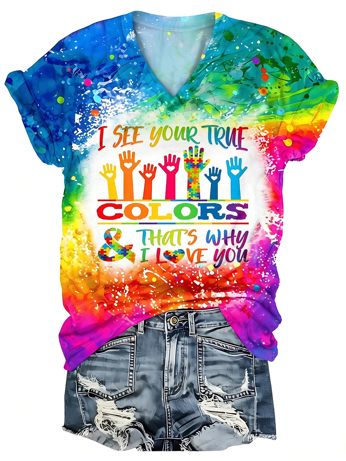 Pride Month Colorful Tie Dye Puzzle Hands Print Women Short Sleeve V Neck T-Shirt
