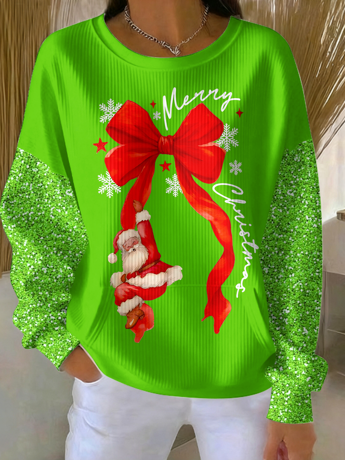 Women's Christmas Bow Print Crew Neck Pocket Sweatshirt