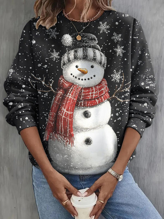 Winter Snowflake And Snowman Long Sleeve Casual Top