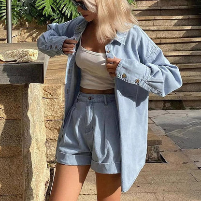 Womens Denim Set 2 Piece Button Up Shirt and Pleated Shorts Summer Jean Matching Set for Beach Streetwear present