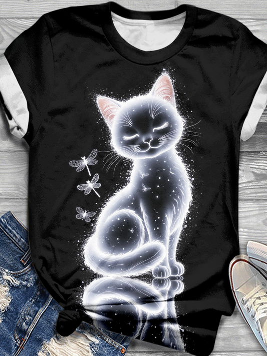 Glitter Cute Cat Dragonfly Art Crew Neck T-shirt