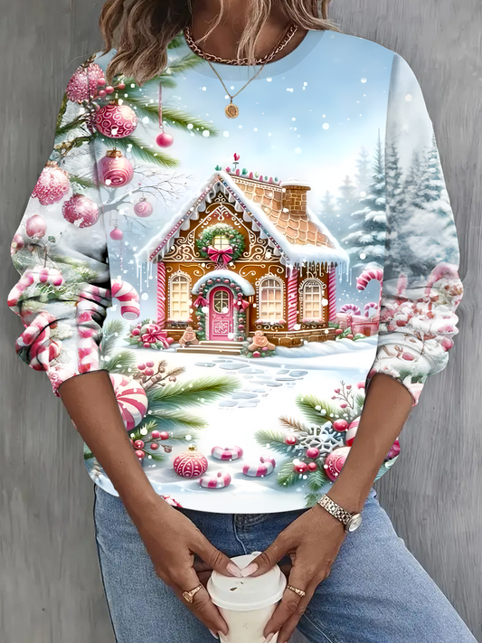 Christmas Gingerbread House Holiday Long Sleeve Casual Top