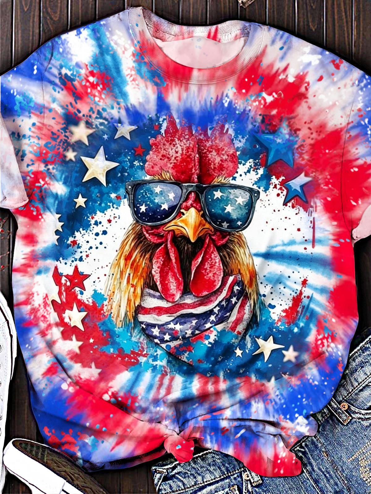 Patriotic Star Rooster Women's Round Neck Short Sleeve T-shirt