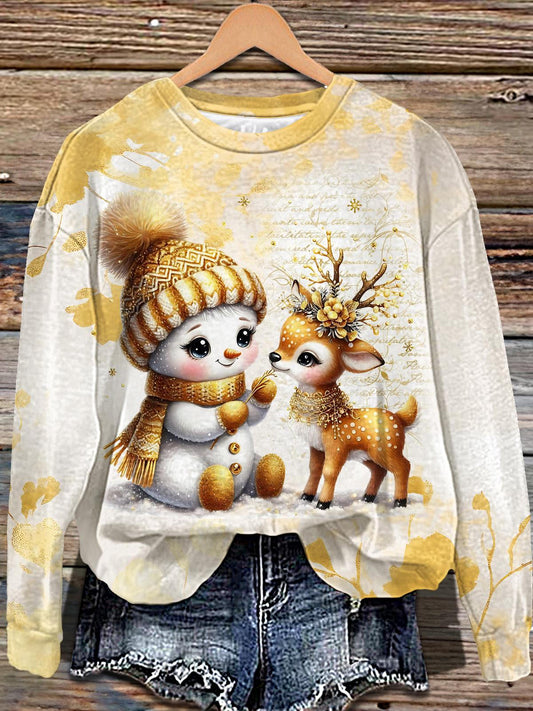 Cute Snowman and Elk Printed Long Sleeve Casual Top