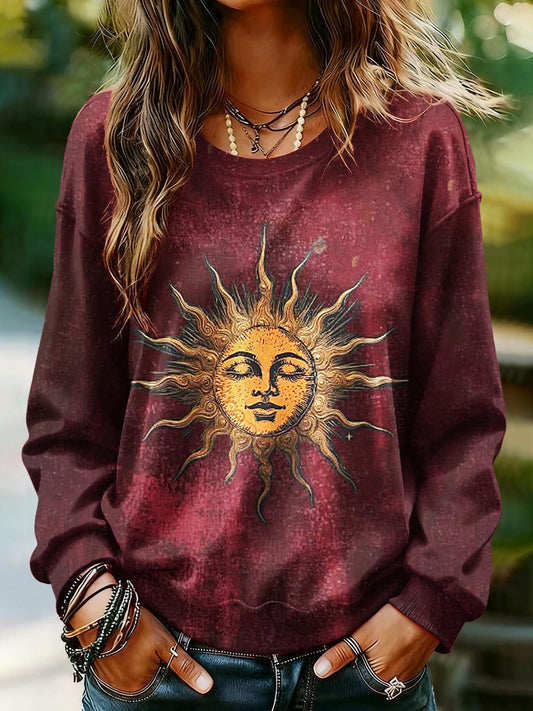 Retro Hippie Christmas Sun Printed Long Sleeve Casual Top