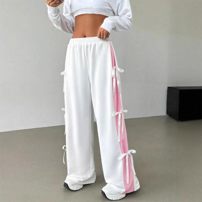 Women's Baggy Sweatpants Bow Tie Elastic Waist Casual Wide Leg Sports Pants with Pocket for Daily Running accepted