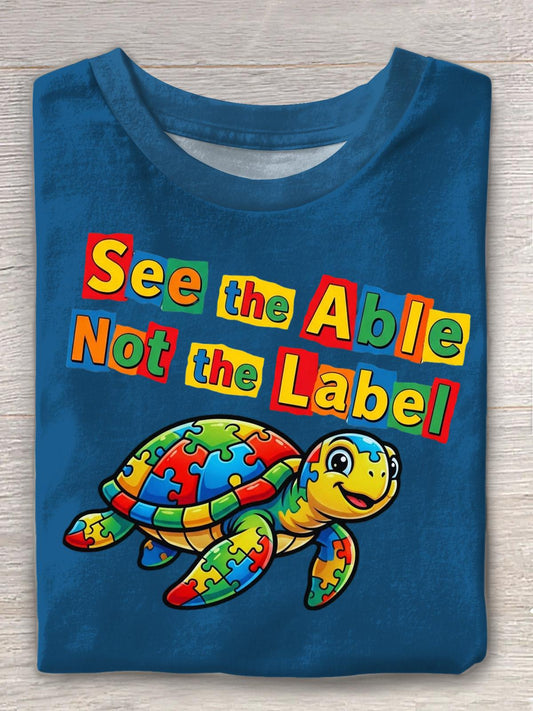 Women Autism Puzzle Turtle Crewneck Short Sleeve T-shirt