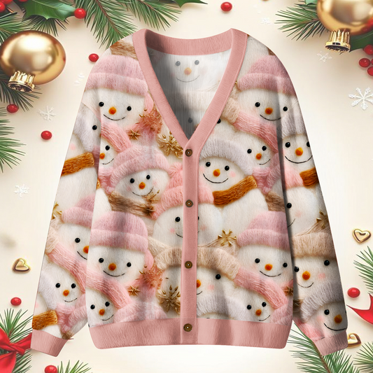 Unisex Pink Snowman Ugly Cardigan Sweaters