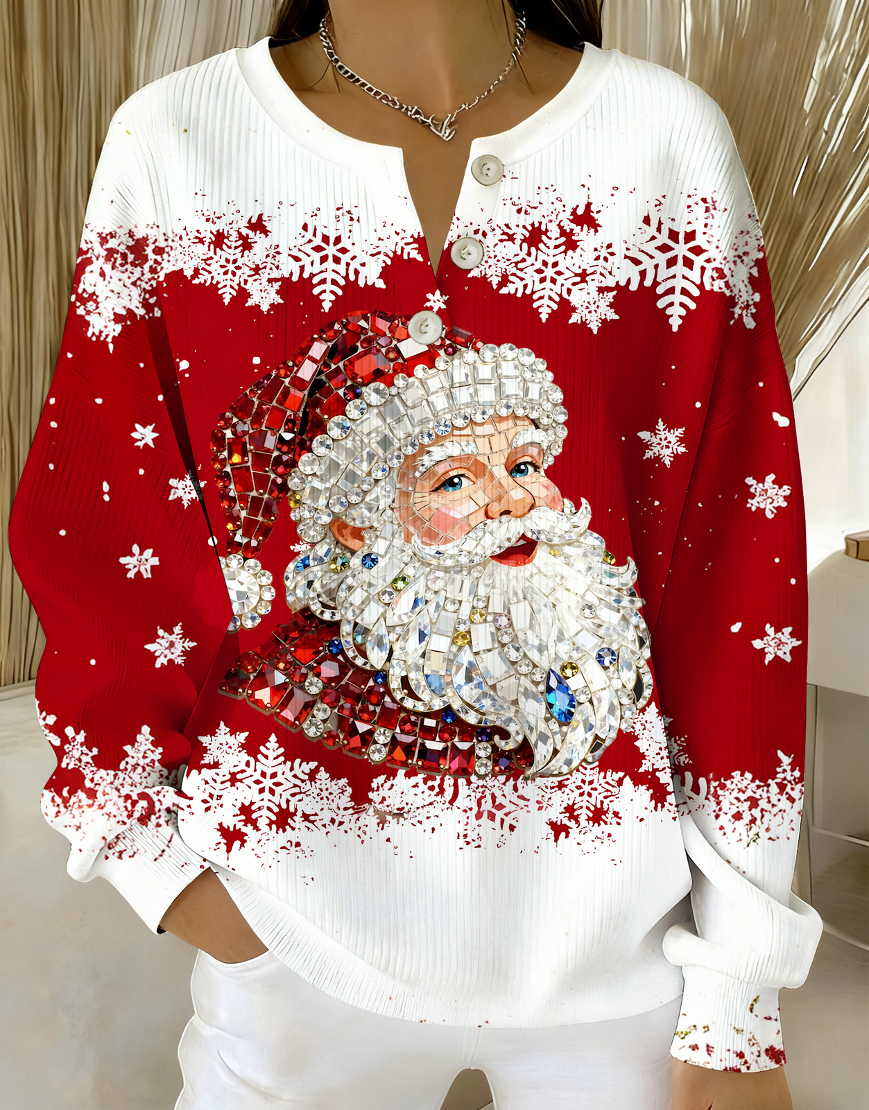 Vintage Santa Knitted Button Long-Sleeved Top