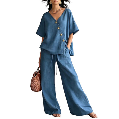 ⏰🔥LIMITED TIME 50% OFF! 💖 Women's Cozy & Elegant Metal Buttons Cotton-Linen Two-Piece Set