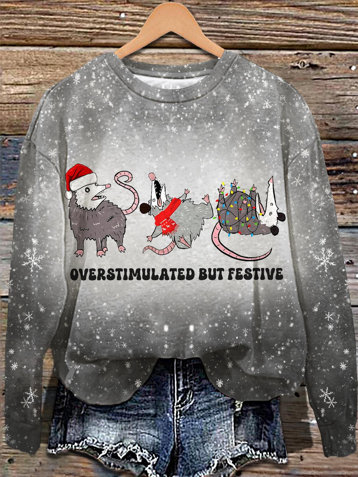 Christmas Possum Printed Long Sleeve Casual Top