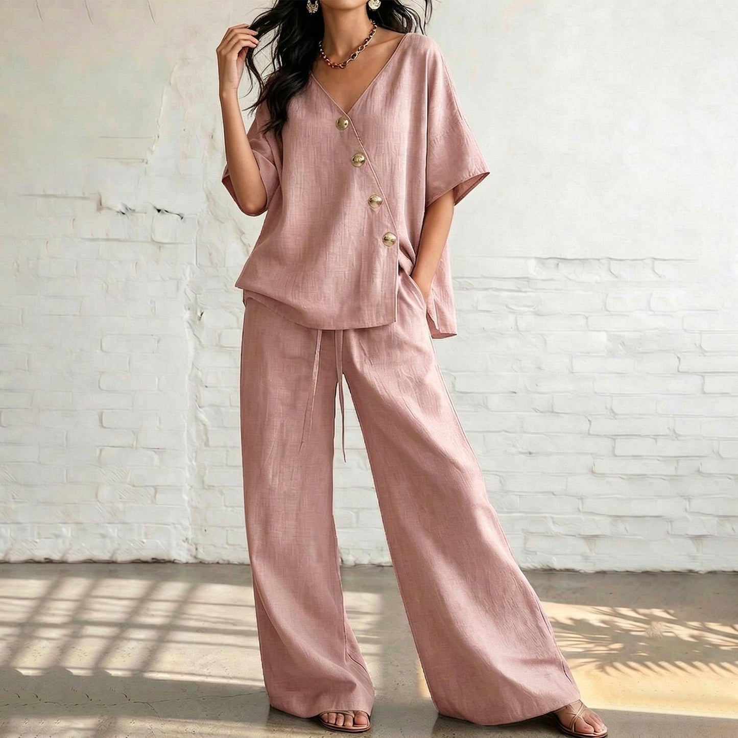 ⏰🔥LIMITED TIME 50% OFF! 💖 Women's Cozy & Elegant Metal Buttons Cotton-Linen Two-Piece Set