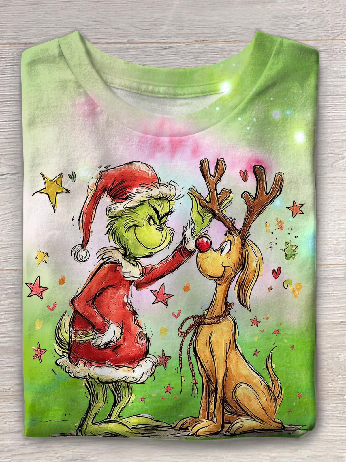 Christmas Grinch Print Crew Neck T-shirt