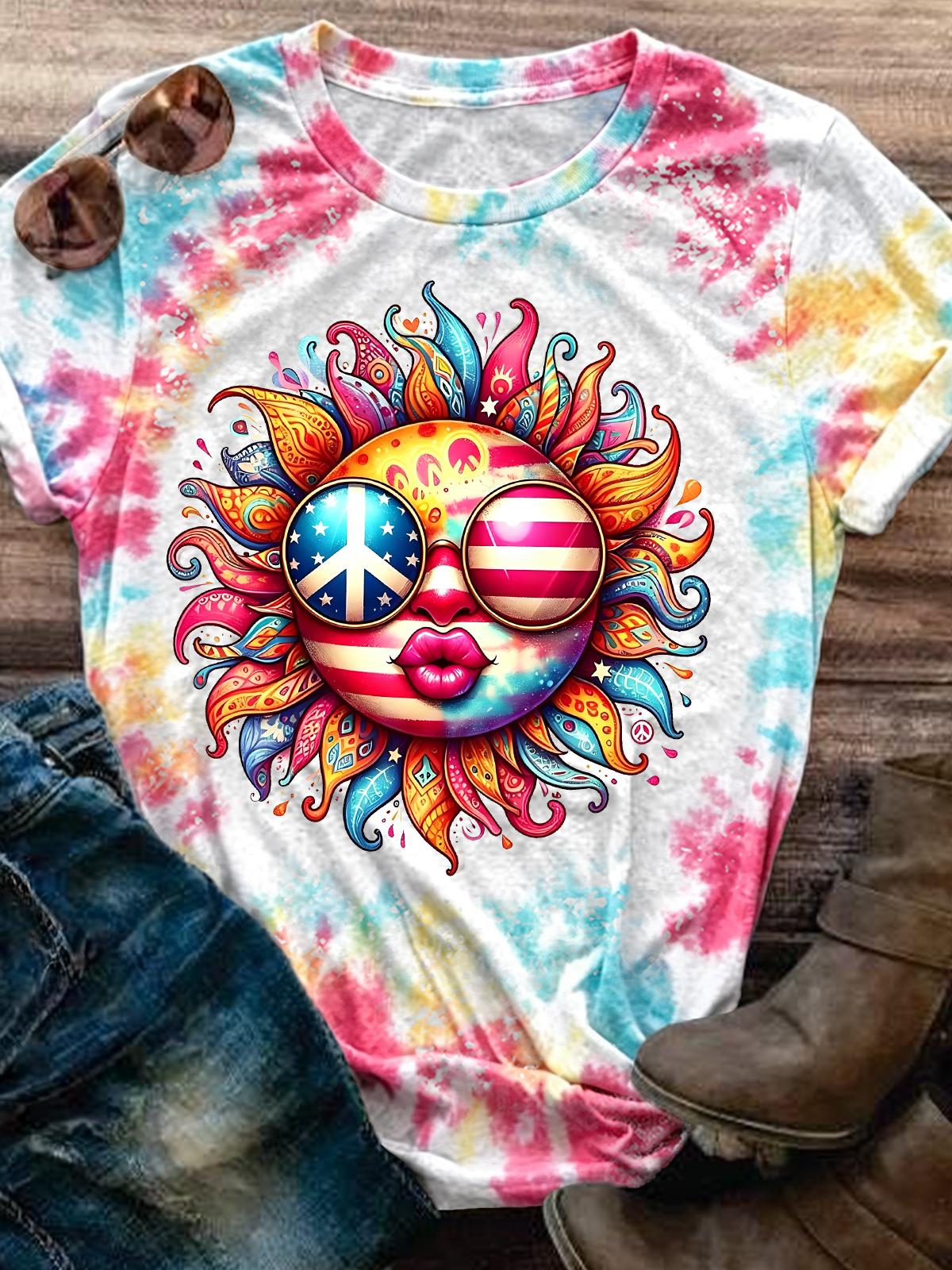 Hippie Sun Peace Sign Tie-Dye Women's Round Neck Short Sleeve T-shirt