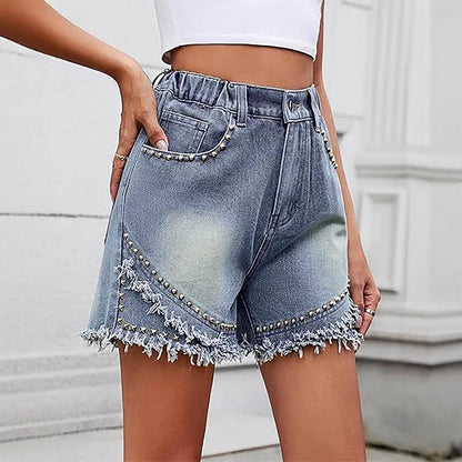Womens High Waisted Jean Shorts Rivets Frayed Raw Hems Elastic Waist Denim Shorts Casual Hot Pants for Travel honest