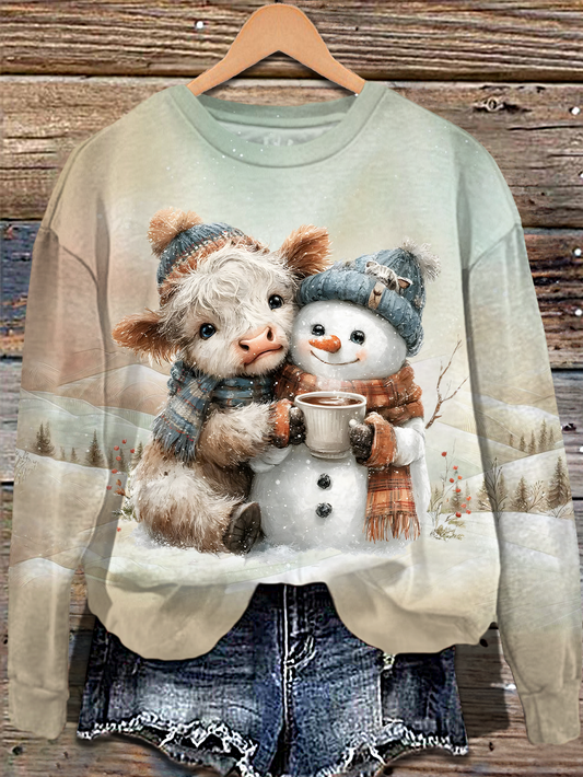 Highland Cow With Snowman Printed Long Sleeve Casual Top