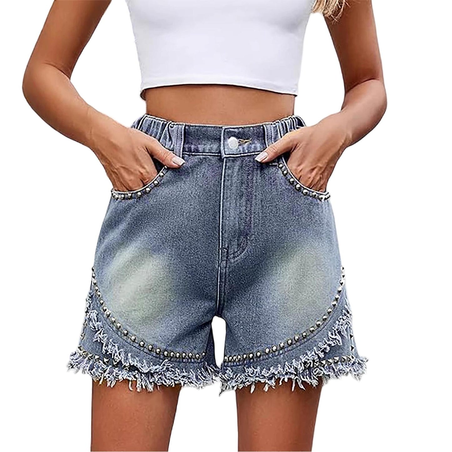 Womens High Waisted Jean Shorts Rivets Frayed Raw Hems Elastic Waist Denim Shorts Casual Hot Pants for Travel honest