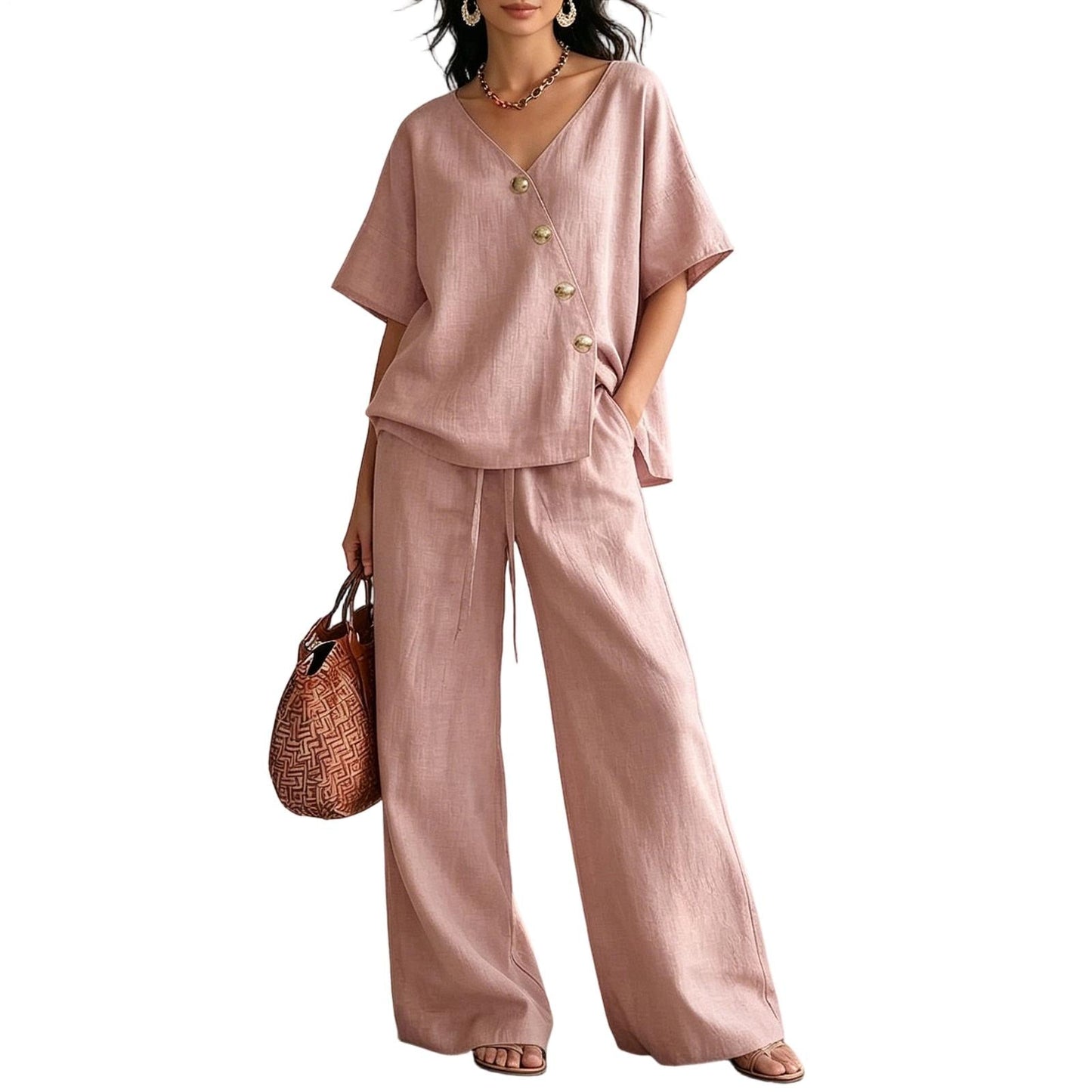 ⏰🔥LIMITED TIME 50% OFF! 💖 Women's Cozy & Elegant Metal Buttons Cotton-Linen Two-Piece Set