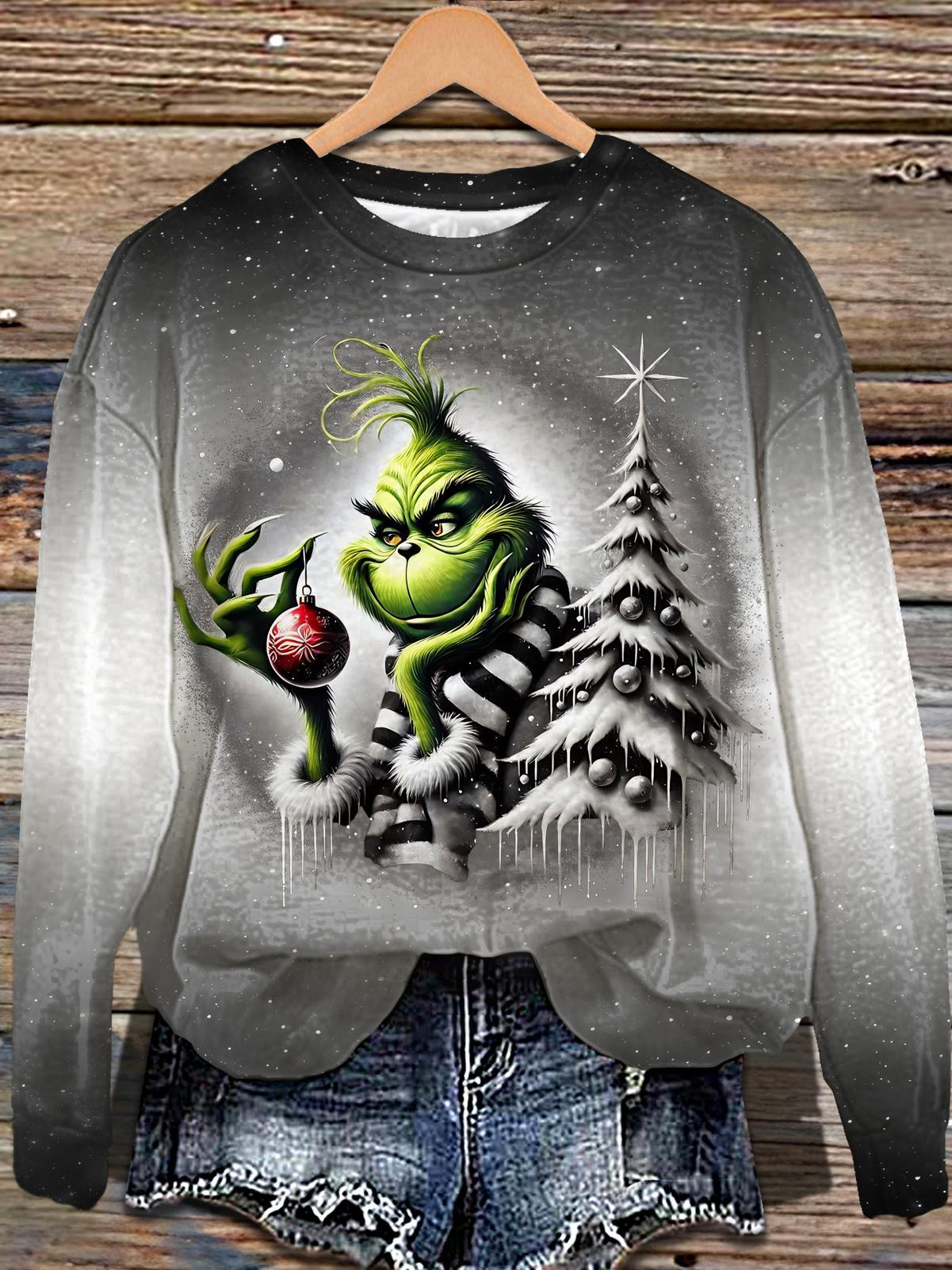Snowy Night Grinch Printed Long Sleeve Casual Top