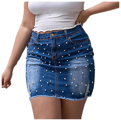 Mini Jean Skirt High Rise Beaded Frayed Hems Bodycon Mini Jean Skirt with Pockets for Vacation Daily Wear boosted