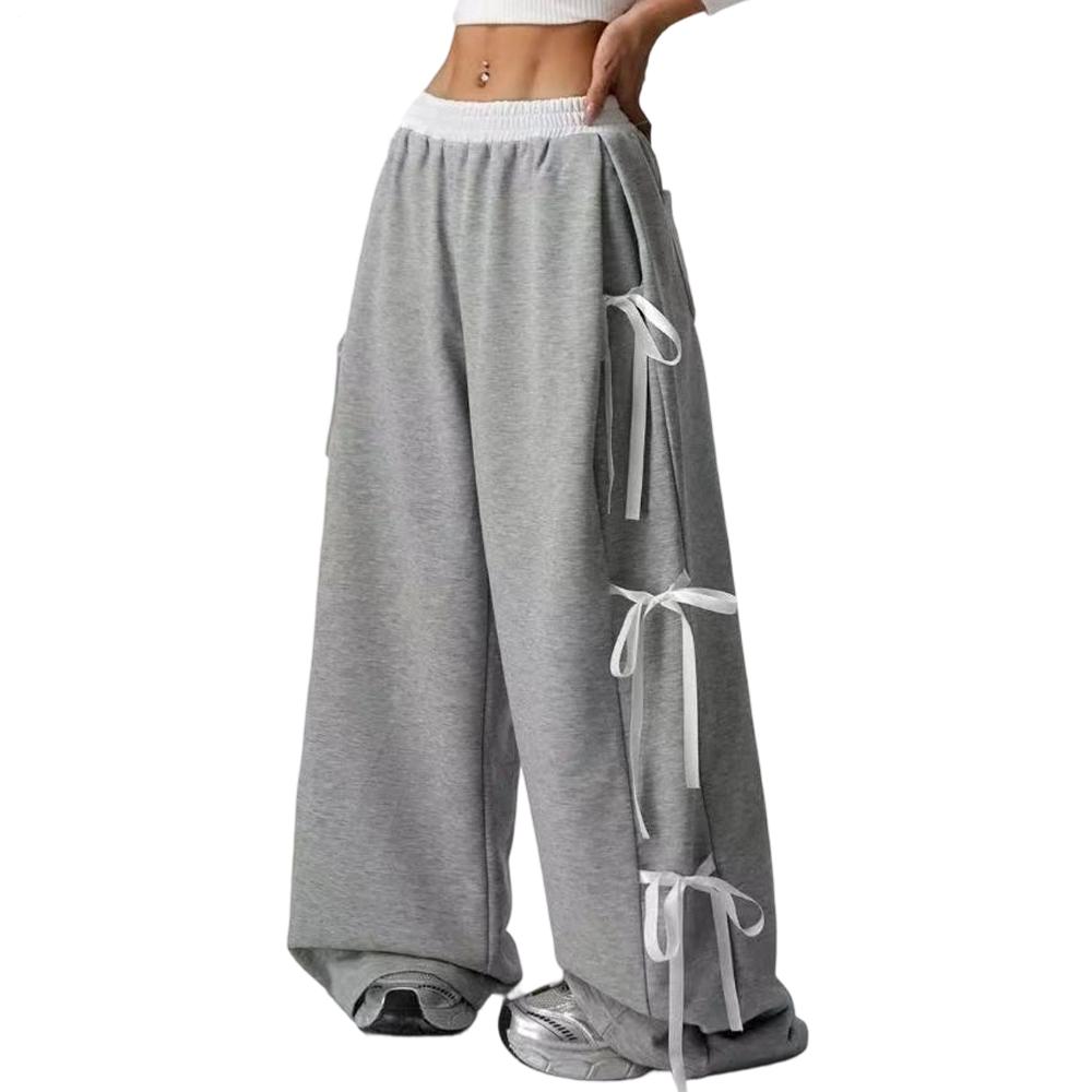 Women's Baggy Sweatpants Bow Tie Elastic Waist Casual Wide Leg Sports Pants with Pocket for Daily Running accepted
