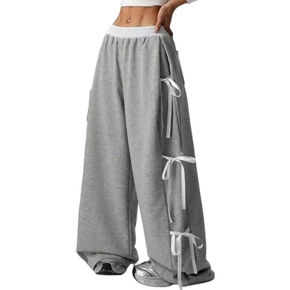 Women's Baggy Sweatpants Bow Tie Elastic Waist Casual Wide Leg Sports Pants with Pocket for Daily Running accepted