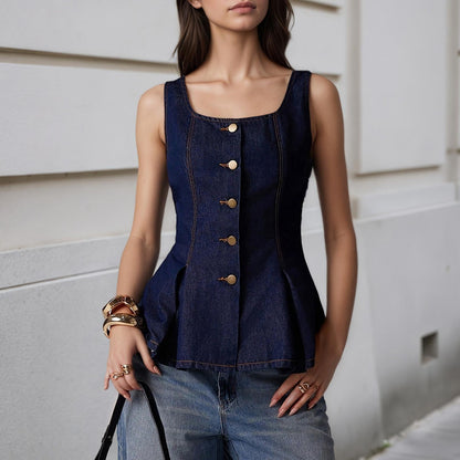 Women Denim Vest Open Back Button Front Denim Tank Top Sleeveless Ruffle Jean Vest for Travel Everyday Wear successful