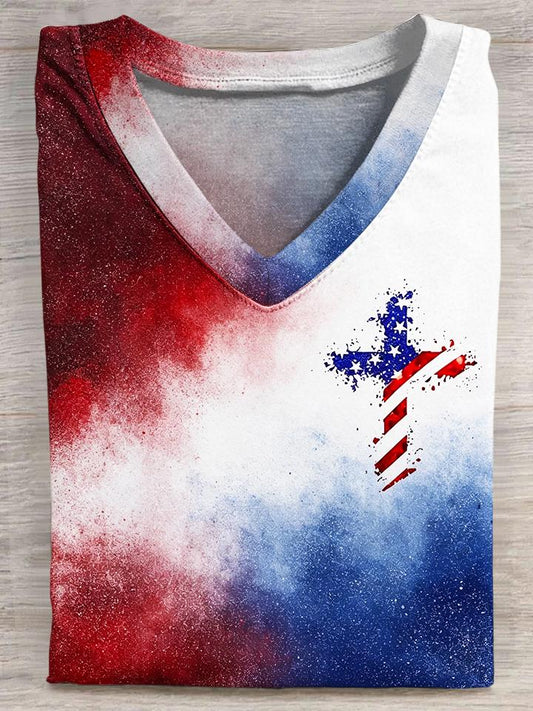 American Flag Cross Splash Women Short Sleeve V-Neck T-Shirt