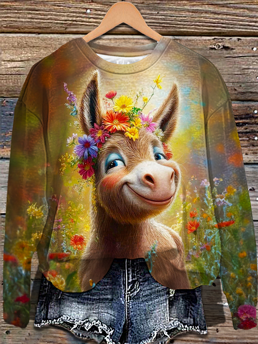 A Donkey with a Flower Crown Printed Long Sleeve Casual Top