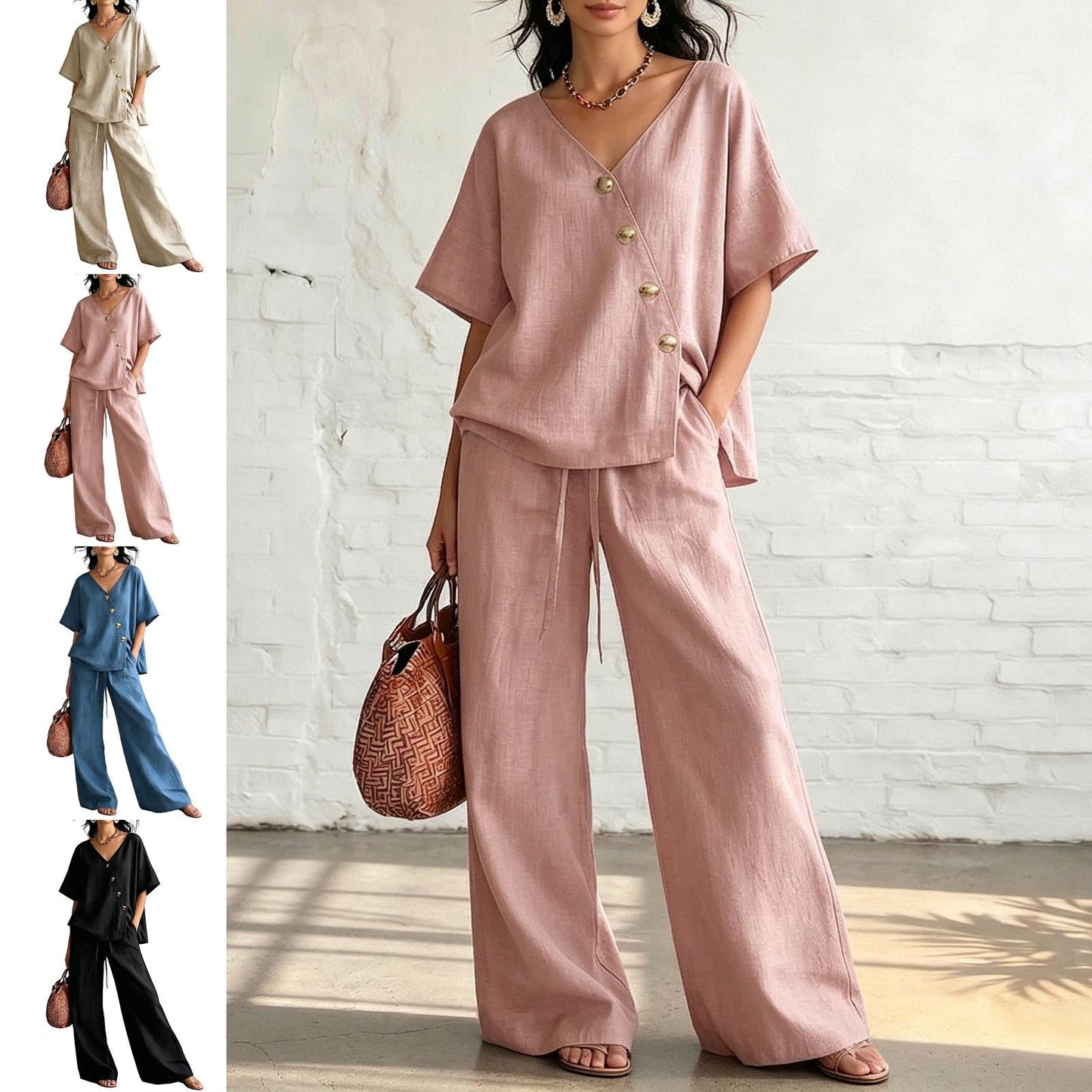 ⏰🔥LIMITED TIME 50% OFF! 💖 Women's Cozy & Elegant Metal Buttons Cotton-Linen Two-Piece Set