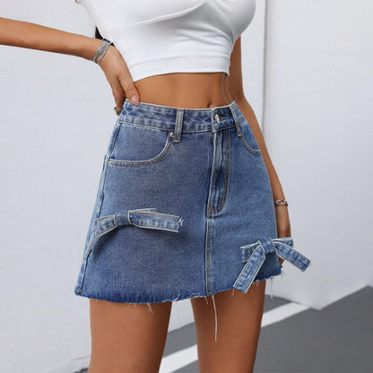 Denim Mini Skirt Front Bow Casual Middle Waist Womens Bodycon Denim Skirts with Pockets for Vacation Travel feasible