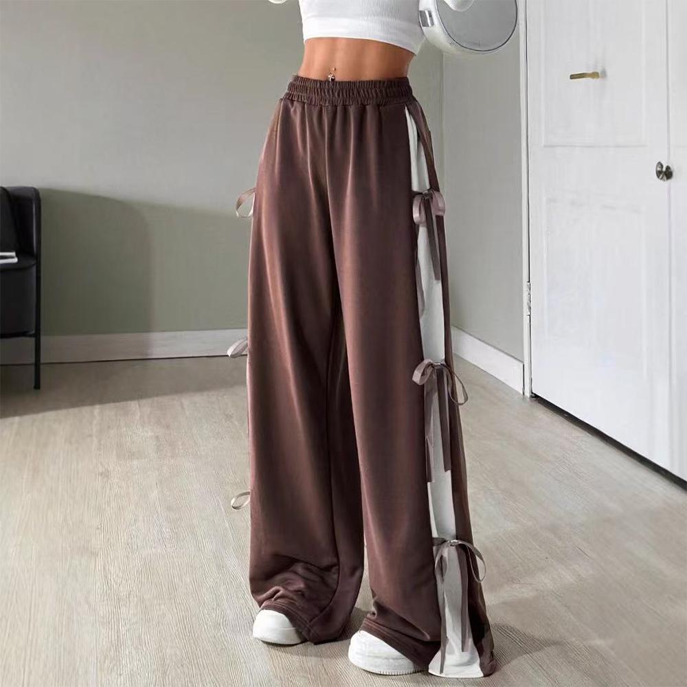 Women's Baggy Sweatpants Bow Tie Elastic Waist Casual Wide Leg Sports Pants with Pocket for Daily Running accepted