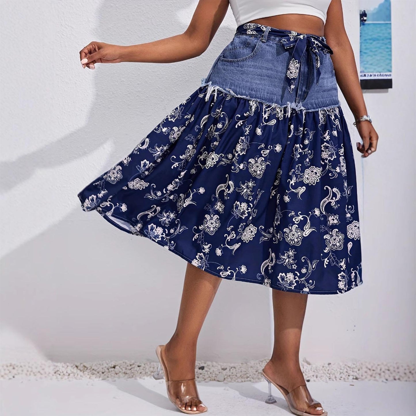 Midi Denim Skirt Floral Print High Waisted A Line Denim Chiffon Splicing Flowy Skirt for Dating Vacation beautifully