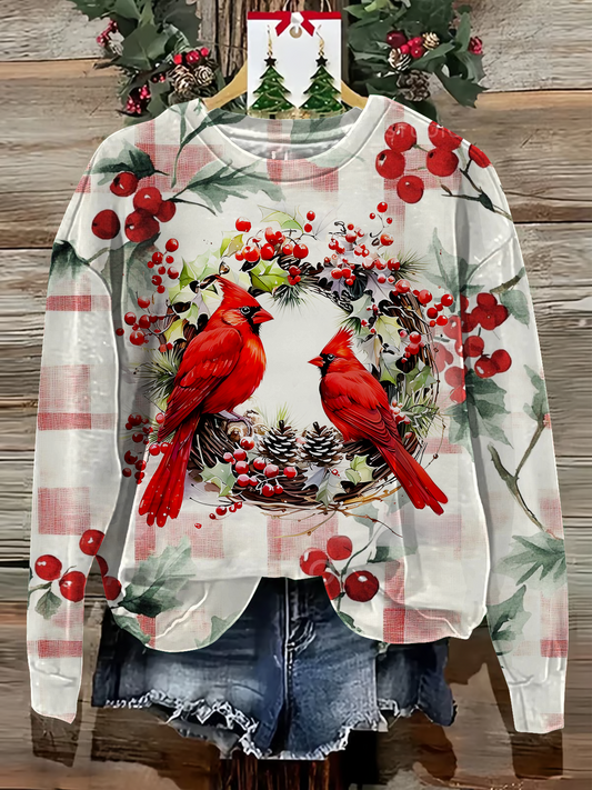 Christmas Cardinal Printed Long Sleeve Casual Top