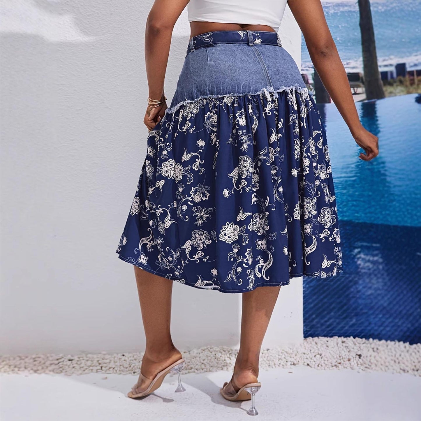Midi Denim Skirt Floral Print High Waisted A Line Denim Chiffon Splicing Flowy Skirt for Dating Vacation beautifully