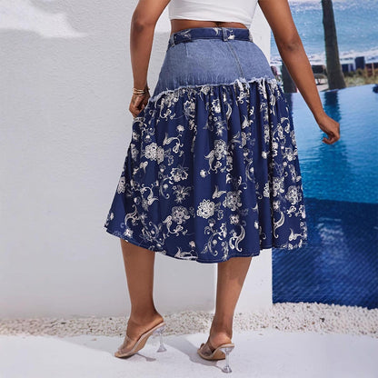 Midi Denim Skirt Floral Print High Waisted A Line Denim Chiffon Splicing Flowy Skirt for Dating Vacation beautifully